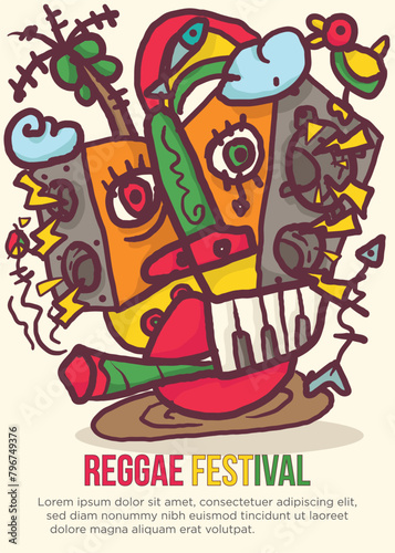 monster of sound concept. soundsystem with face in tropical island. abstract prehistoric images reggae festival template poster vector illustration.