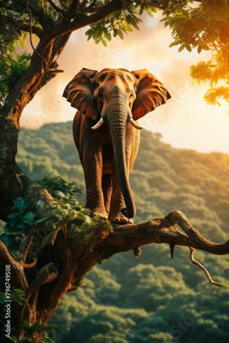 b'Elephant standing on a tree branch in the middle of a jungle'