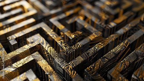 Reflective Gold and Matte Black Optical Illusion Maze: A Striking Abstract Design photo