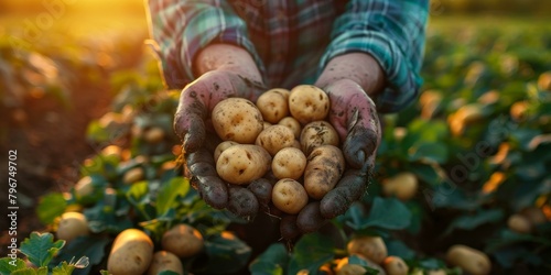 b'Farmer holding a handful of freshly harvested potatoes in his hands' photo