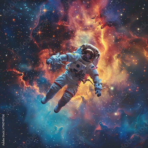 b Astronaut in spacesuit floating in the vastness of space 
