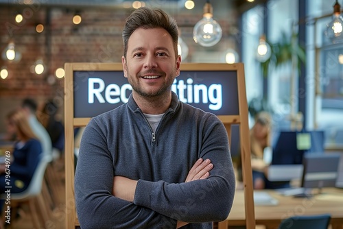 Recruitment concept image with a young man recruitment consultant manager in office next to a sign Recruiting