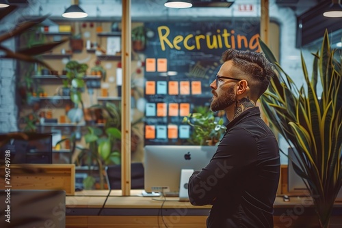 Recruitment concept image with a young man recruitment consultant manager in office next to a sign Recruiting