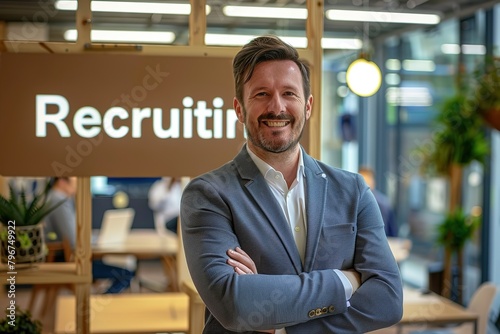 Recruitment concept image with a young man recruitment consultant manager in office next to a sign Recruiting
