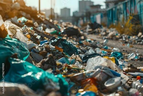 The issue of overconsumption highlighted by a significant quantity of household waste. Concept Household waste, Overconsumption, Recycling solutions, Sustainable living, Environmental impact