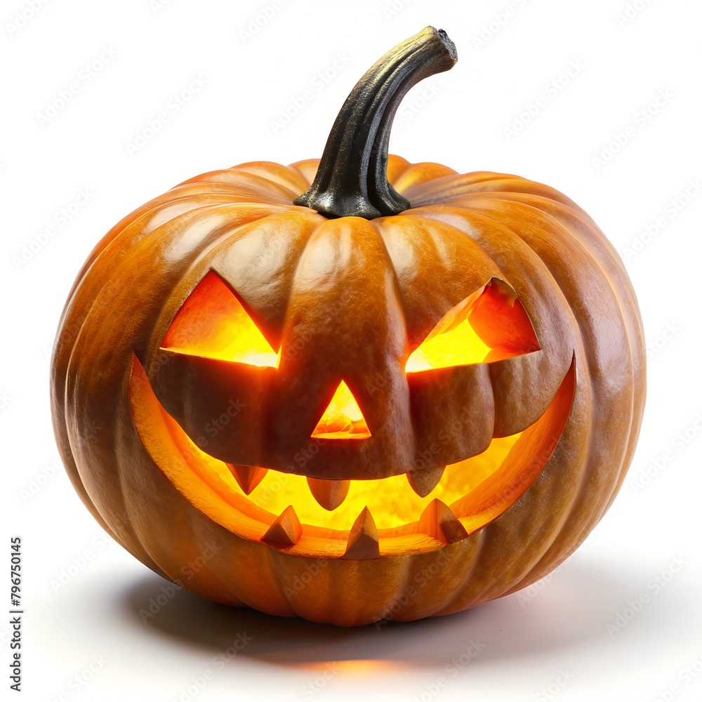 Funny Jack O Lantern halloween pumpkin with candle light inside isolated on white background Funny Jack O Lantern halloween pumpkin with candle light inside isolated on white background
