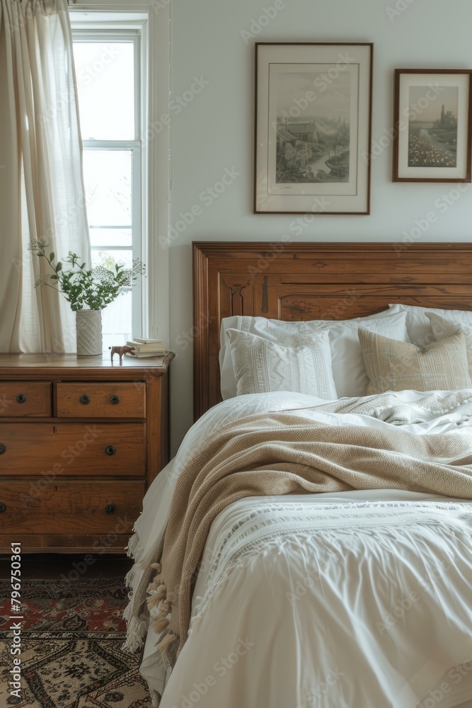 b'Cozy Traditional Bedroom With Wood Furniture And White Bedding' b'Cozy Traditional Bedroom With Wood Furniture And White Bedding'