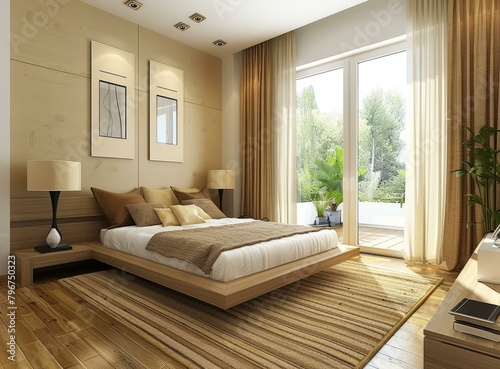 b'Modern bedroom interior design with large glass door and wooden bed'