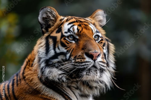 b A portrait of a tiger staring off into the distance 