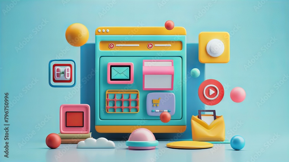 A 3D rendered illustration depicting a vibrant digital workspace, complete with whimsical icons and playful design elements against a pastel backdrop A 3D rendered illustration depicting a vibrant digital workspace, complete with whimsical icons and playful design elements against a pastel backdrop