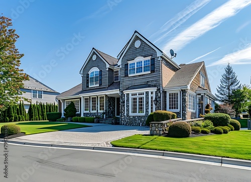 large two story suburban home with driveway and landscaping photo