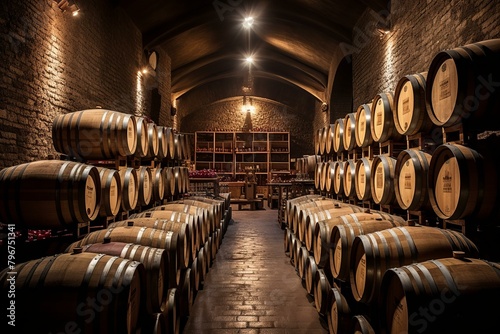 b'A wine cellar with oak barrels stacked in rows' photo