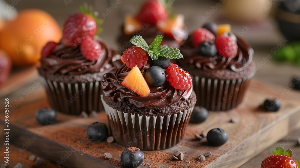 Chocolate cupcakes with chocolate frosting topped with fresh berries on a white background. Concept for desserts, baking, and sweet treats. Design for poster, wallpaper, and banner.