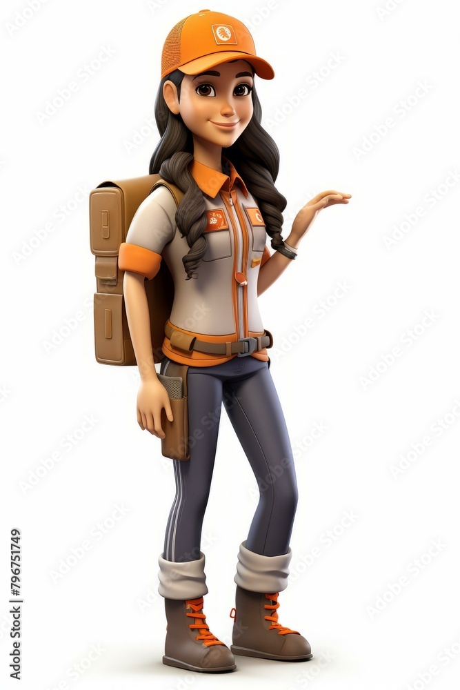 b'A female park ranger stands in front of a white background' b'A female park ranger stands in front of a white background'