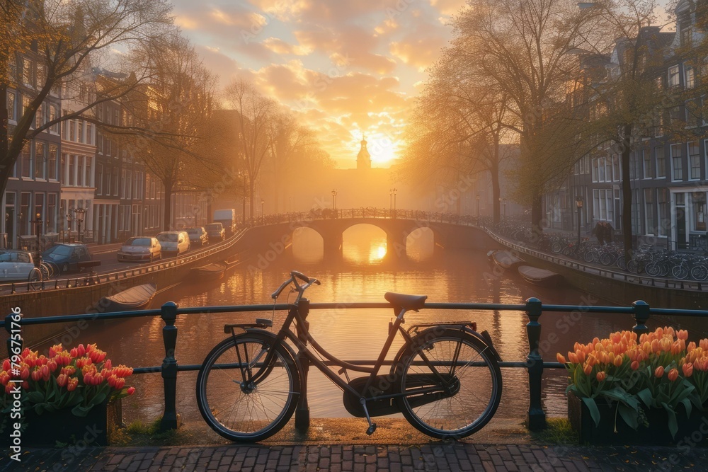 b'A bicycle parked on a bridge in Amsterdam with a beautiful sunrise in the background'