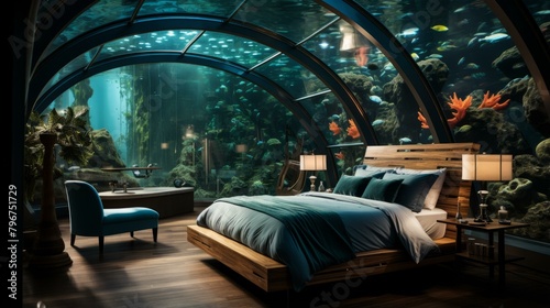 b'Underwater hotel room with a large curved window looking into a coral reef'