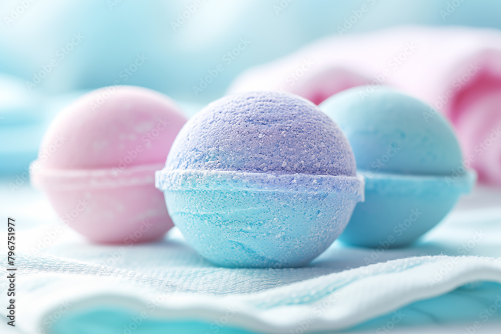 Colorful bath bombs on soft towel with blurred background