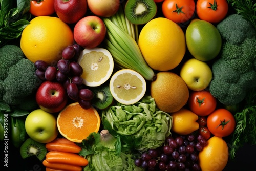 b'A variety of fruits and vegetables are arranged together'