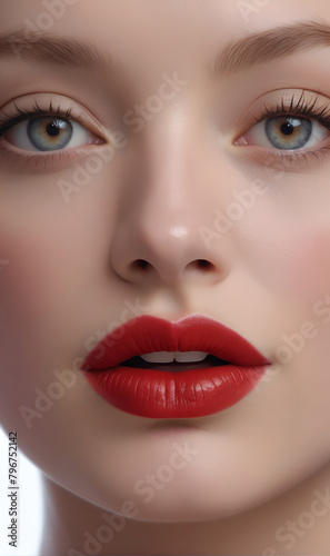 A girl's face, lips painted with bright red lipstick.