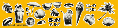 Summer halftone collage elements set with text. Grunge torn ripped paper and cut out of a magazine stickers. Palm peach sun glasses ice cream. Trendy modern retro illustration 100% vector dots texture