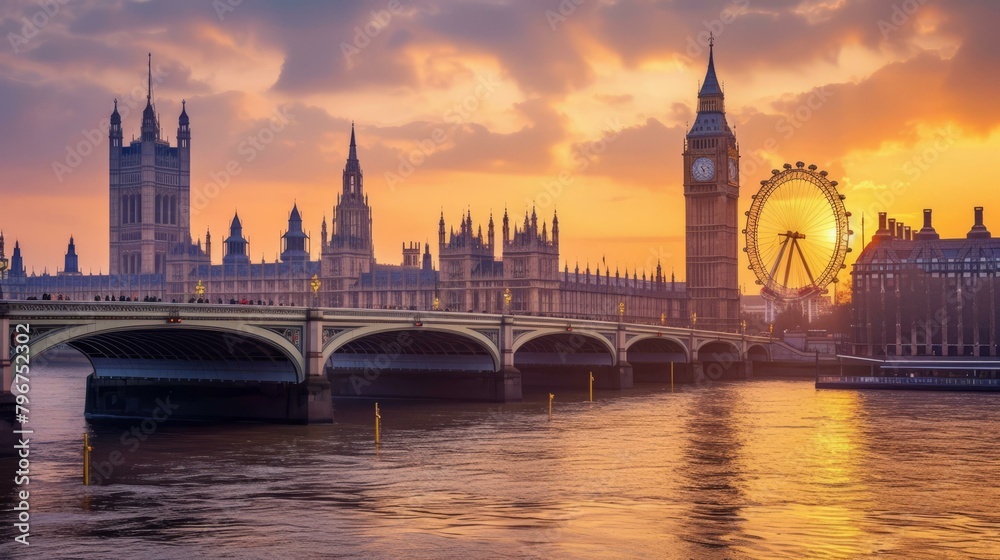 b'The Palace of Westminster and the London Eye at sunset'