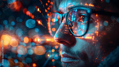 Close-up of a man wearing glasses with reflections of digital data and lights on his face. Concept for technology, data analysis, and artificial intelligence. Design for poster, wallpaper, and banner.