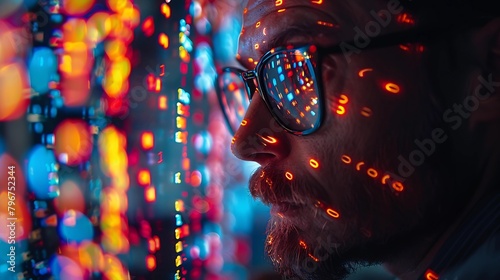 Close-up of a man wearing glasses with reflections of digital data and lights on his face. Concept for technology, data analysis, and artificial intelligence. Design for poster, wallpaper, and banner.