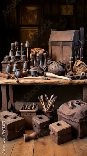 b'An illustration of a workbench with various woodworking tools and supplies'