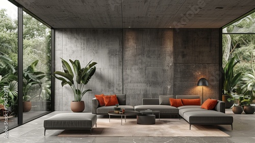 b'Modern minimalist living room interior with grey sofa and orange pillows' photo