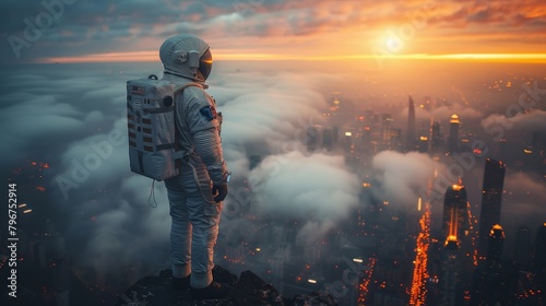 An astronaut stands on a cliff overlooking a city. The sky is orange and the clouds are below the astronaut.