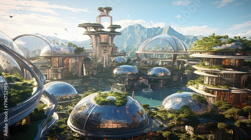 3D visualization of a solarpunk city, floating biodomes interconnected by sky bridges, enveloped in a scifi atmosphere, photo