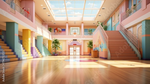 b'Retro School Gymnasium Interior'