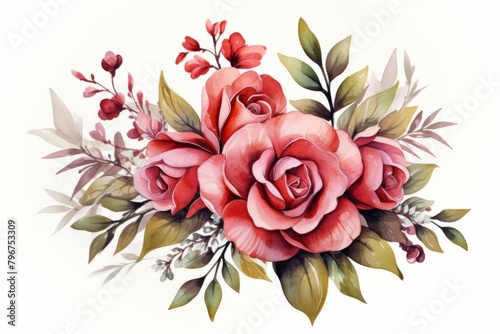 b'Red roses with green leaves watercolor painting'