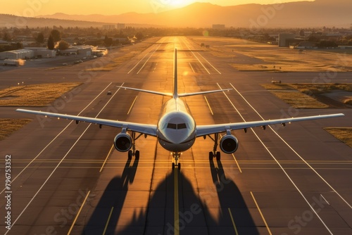 b'Passenger plane on a runway at sunset'