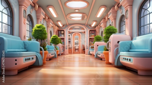b'A retro futuristic train interior with pink and blue pastel colors' photo