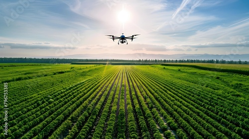 Drone flying over a green field with rows of crops under a clear sky with mountains in the background. Concept for agriculture, technology, and precision farming. Aerial view for poster, and banner.