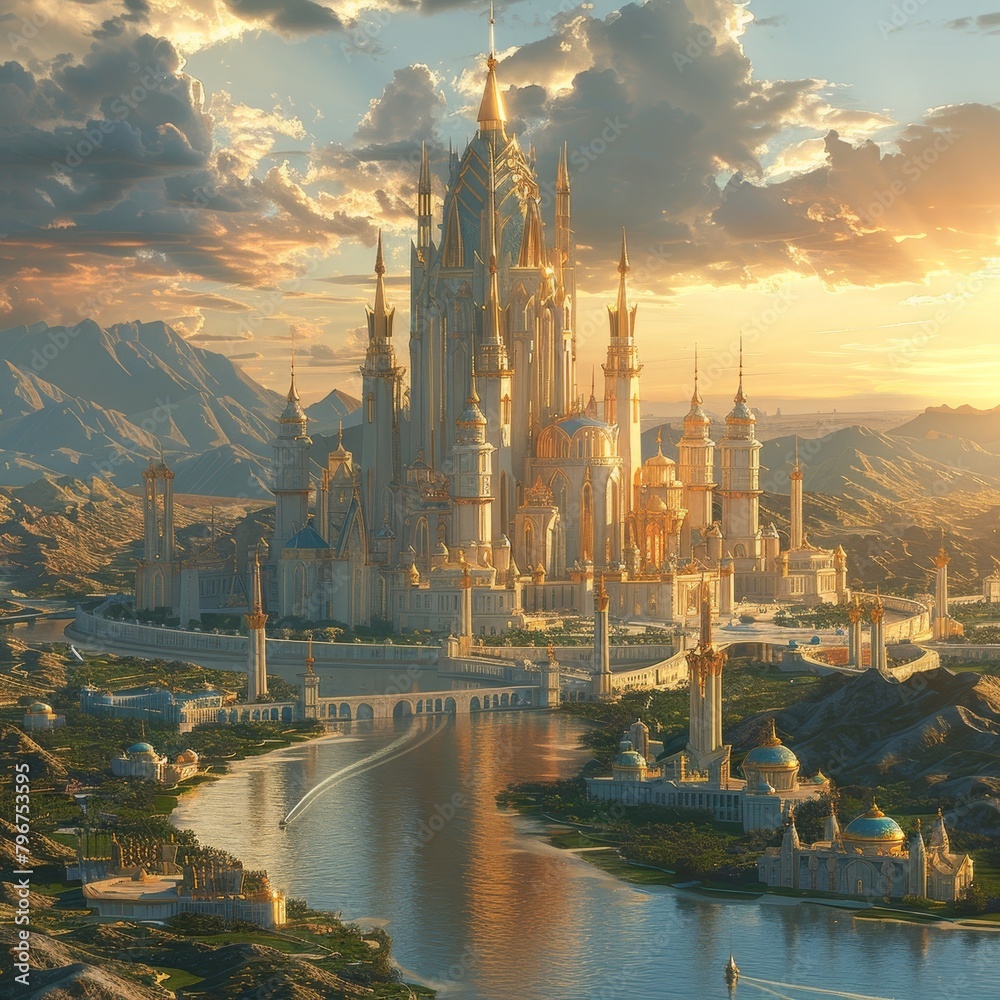 Fototapeta premium A beautiful, golden castle with intricate details and a river running through the middle of it.