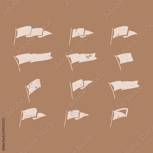 Retro flag silhouette. Vintage waving flags, ripped banner and grunge flag symbol isolated vector set