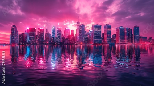 A beautiful cityscape of a modern city with skyscrapers and a river in the foreground. The sky is a vibrant pink and purple color, and the city is reflected in the water.