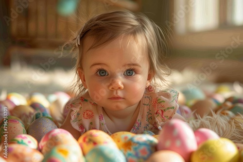 b'Baby girl lying on a pile of Easter eggs'