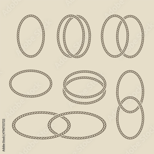 Round rope curve symbol set. Different thickness circular ropes set for decoration.