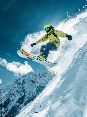 b'Man snowboarding down a steep mountain slope'
