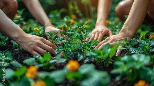 A close-up of a person's hands planting a flower in the garden