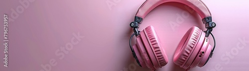 Isolated pink headphones with a white cord rest on a simple white background photo