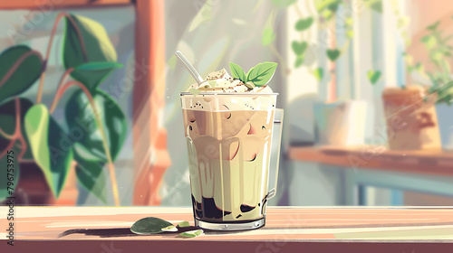 An artistic rendering of a refreshing pistachio cream cold brew coffee in a transparent cup, topped with a swirl of whipped cream, set against a warm, sunlit backdrop. photo