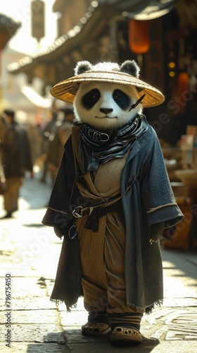 Fashionable panda roams city streets in tailored elegance, epitomizing street style.