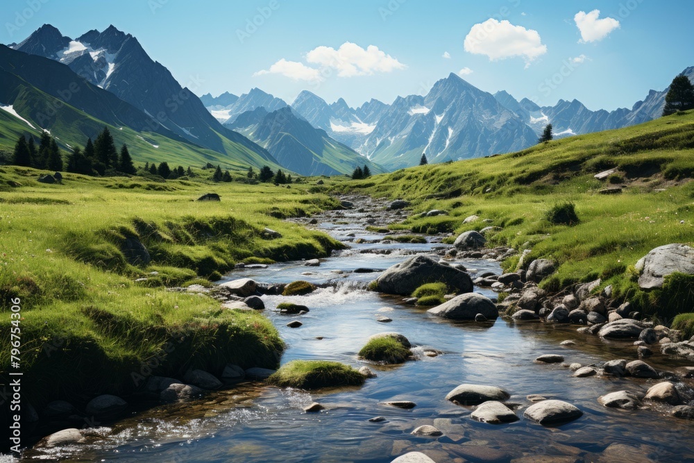 b'A river flowing through a lush green valley with snow-capped mountains in the distance'