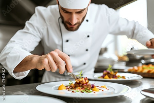 b Chef carefully plating a dish in a restaurant kitchen 