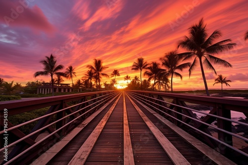 b'Wooden bridge over water at sunset with palm trees'