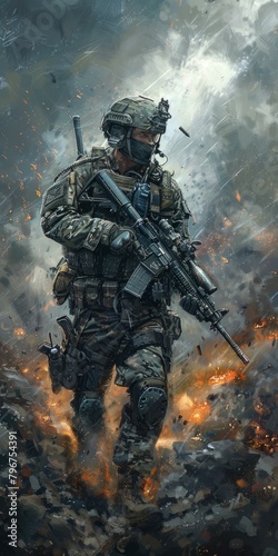 b'Soldier in the battlefield illustration'